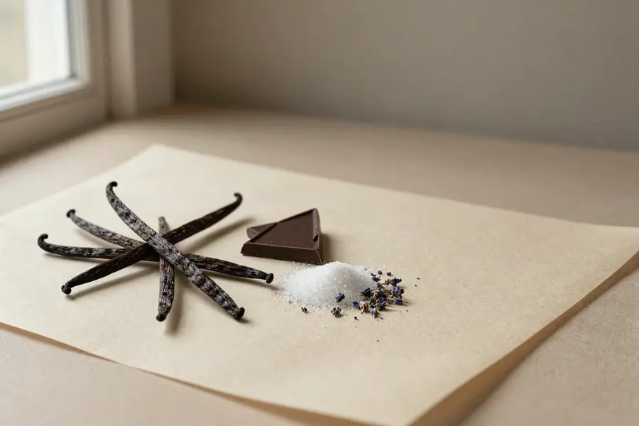 Vanilla pods, dark chocolate, sugar and dried lavender laid out on parchment in window light.
